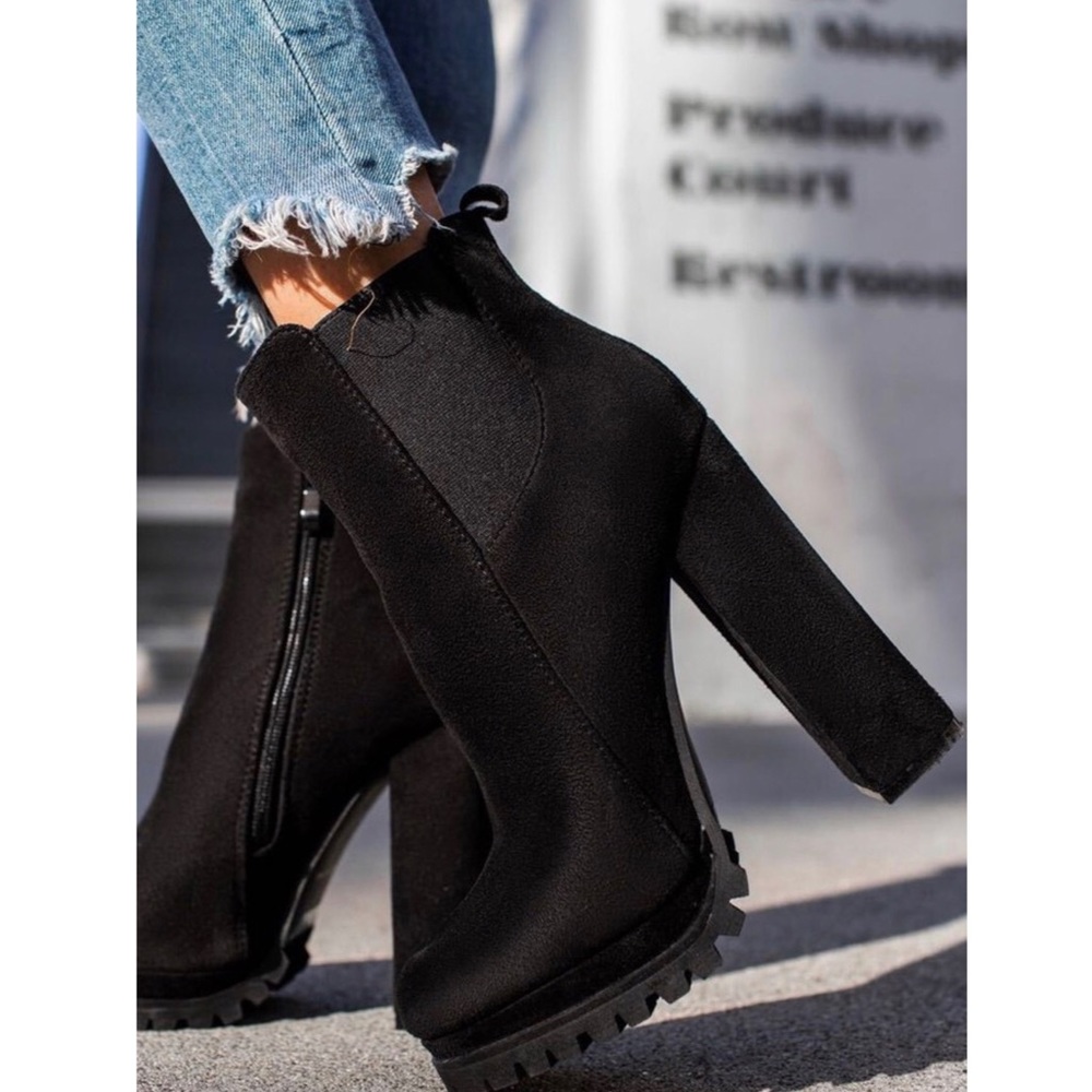 Black Ankle High Chunky Heel Booties - Picture 2 of 7